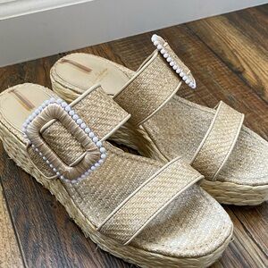 Sam Edelman Raffia Platform Slides with pearl buckle Size 9